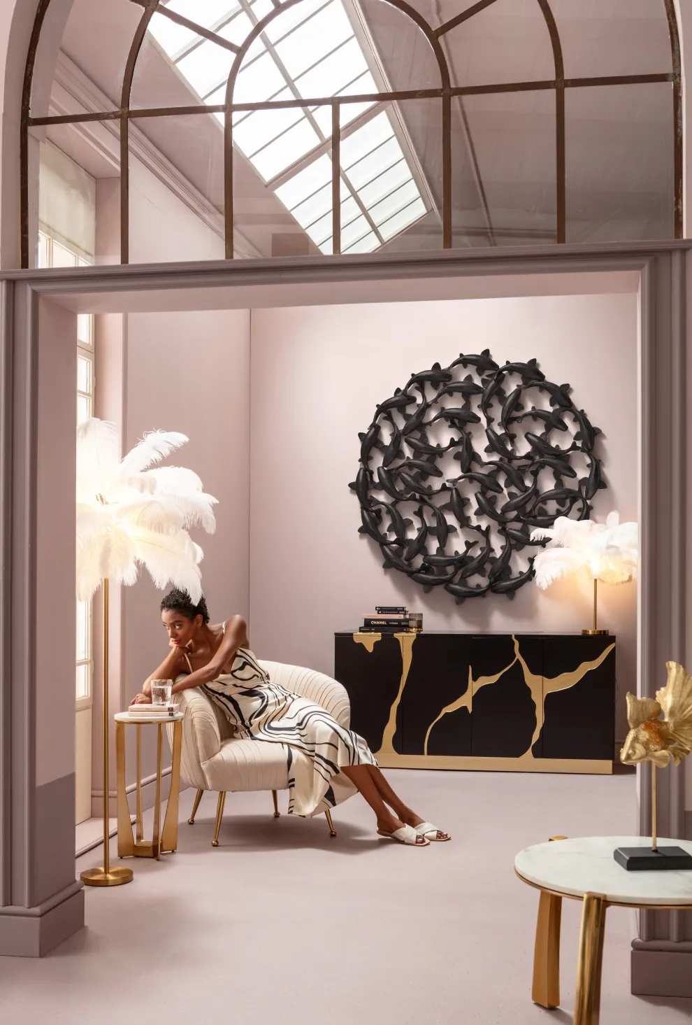 Wanddecoratie School Of Koi Black Ø160cm